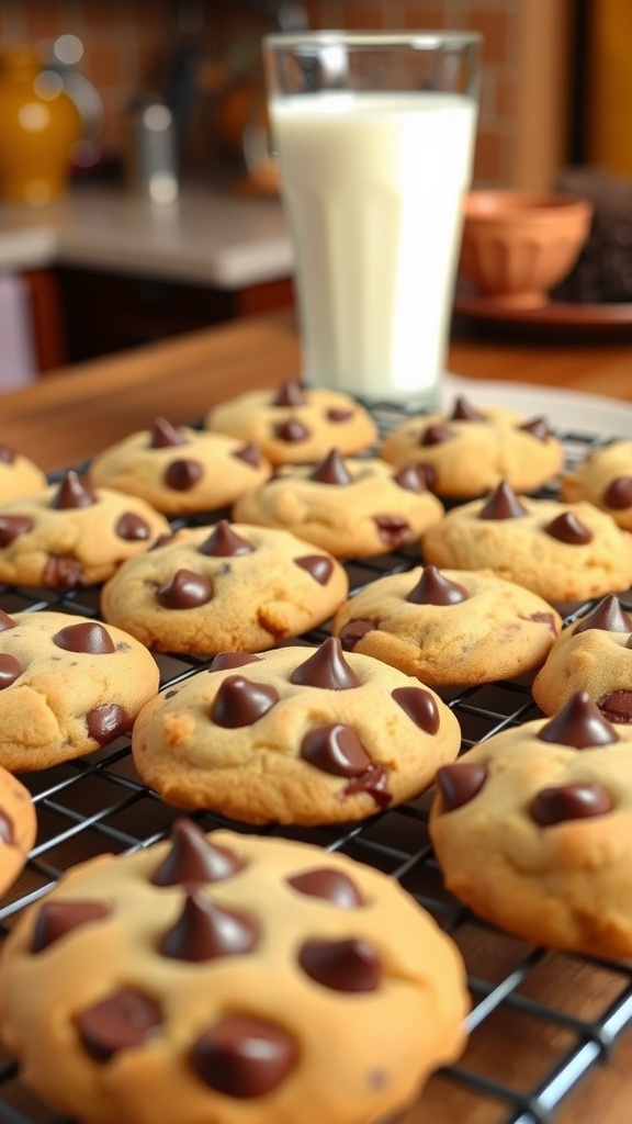 Golden brown chocolate chip cookies cooling on a rack with milk.